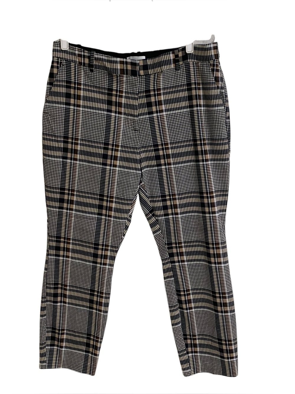 H&M plaid black brown neutral office business work trouser pants pockets size 16